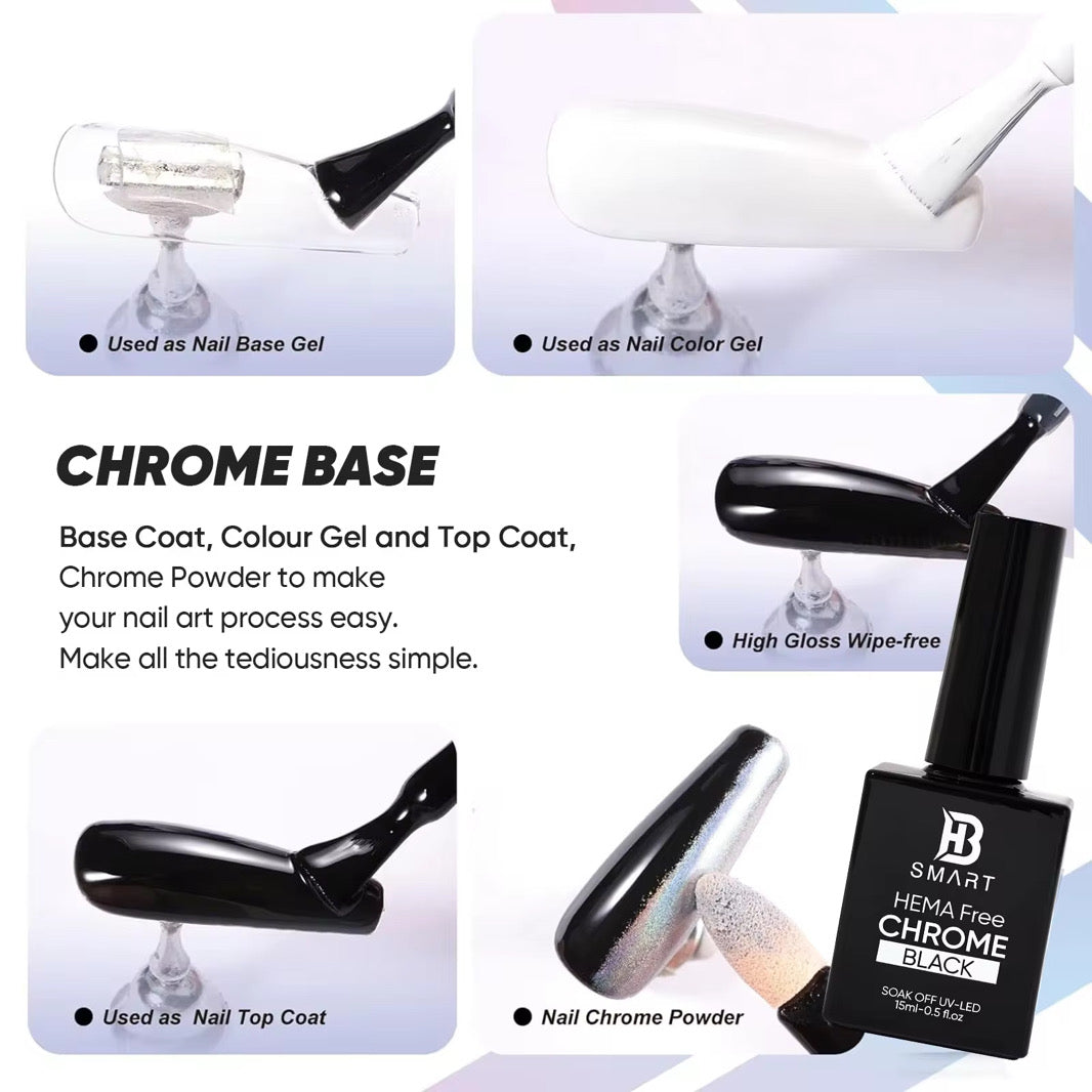 BHSMART Chrome Base TPO & HEMA-Free Super White/Black/Clear UV/LED Gel No Wipe Mirror Effect Chrome