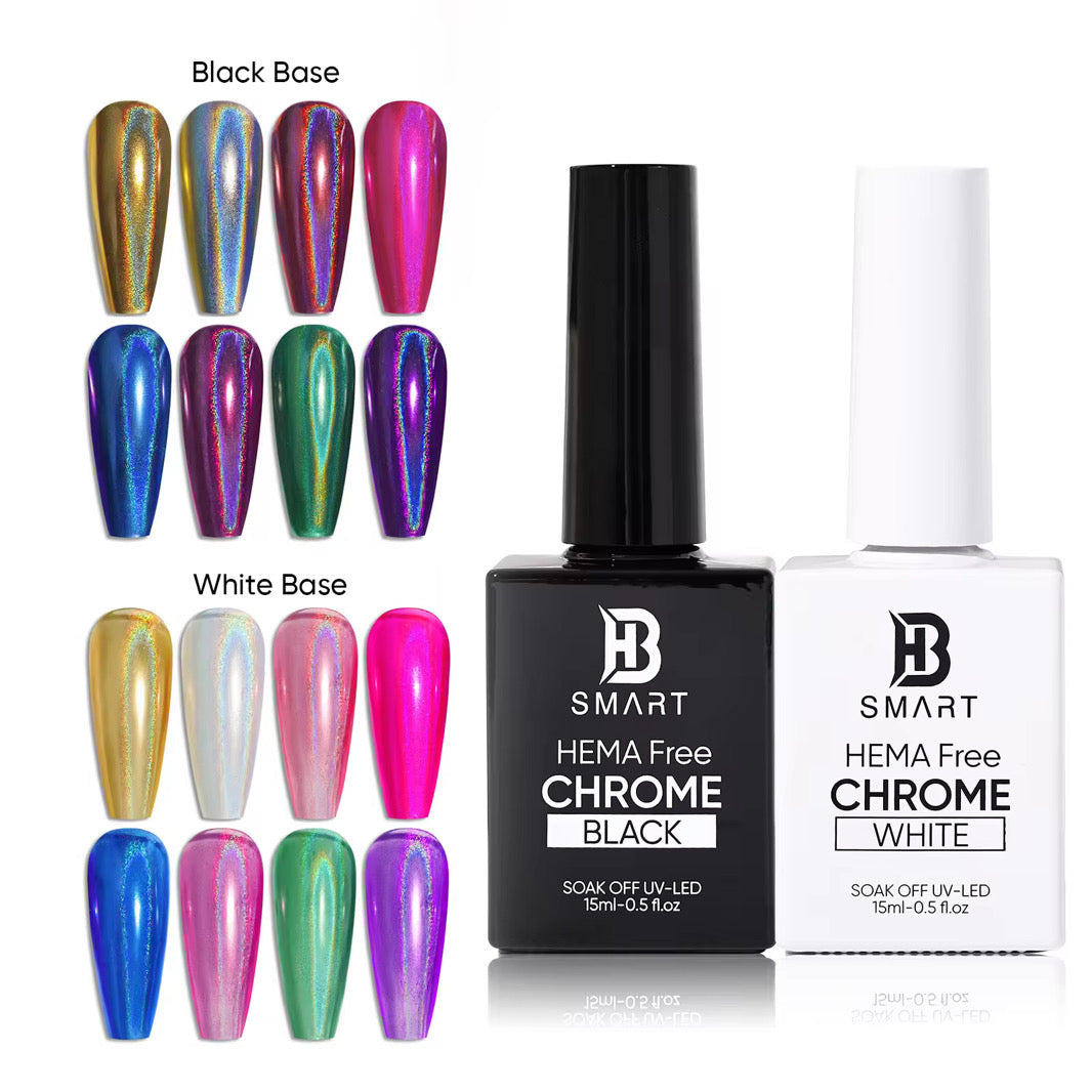 BHSMART Chrome Base TPO & HEMA-Free Super White/Black/Clear UV/LED Gel No Wipe Mirror Effect Chrome
