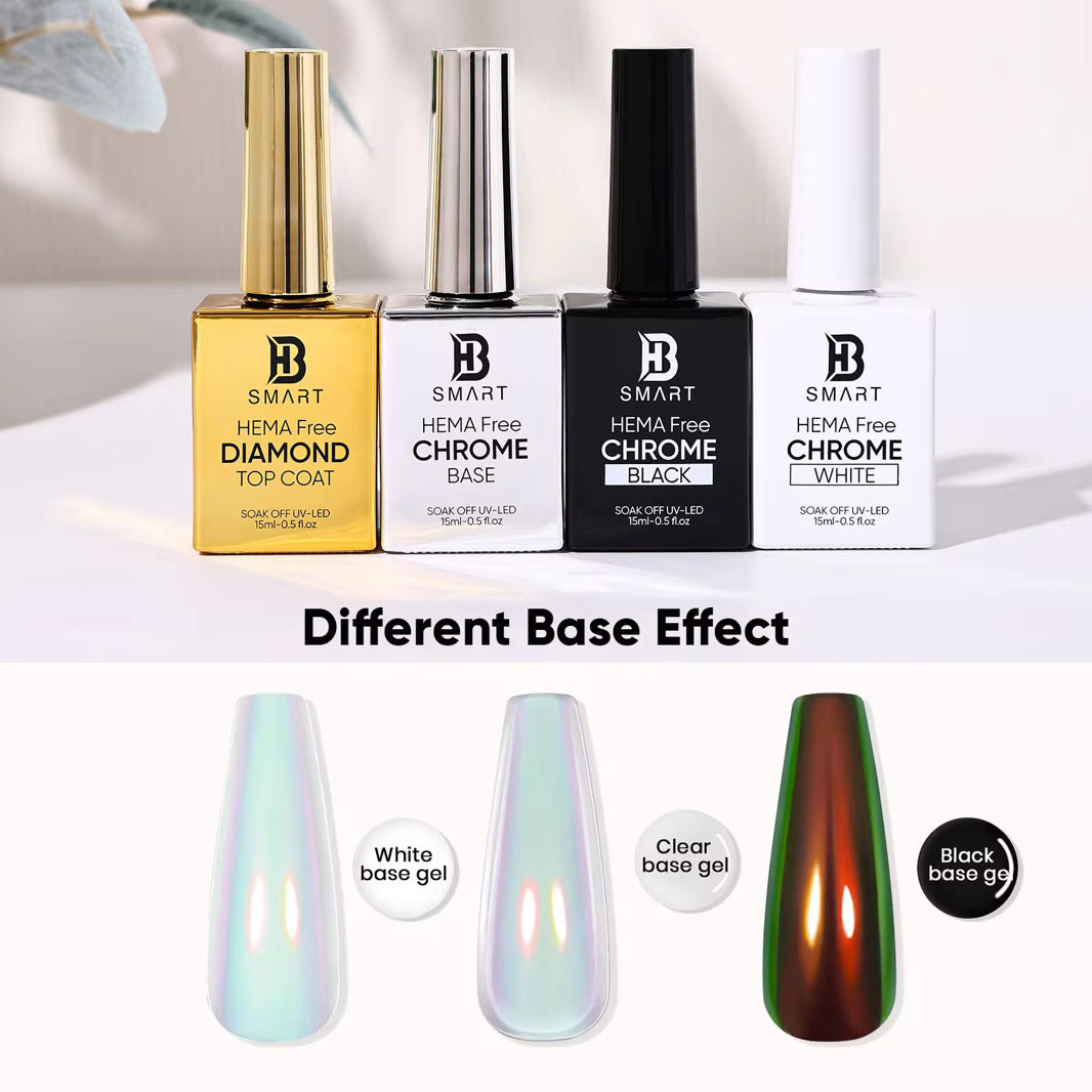 BHSMART Chrome Base TPO & HEMA-Free Super White/Black/Clear UV/LED Gel No Wipe Mirror Effect Chrome